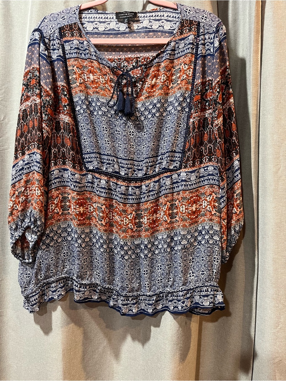 Lucky Brand Navy & Rust Printed Tassel Peasant Tunic